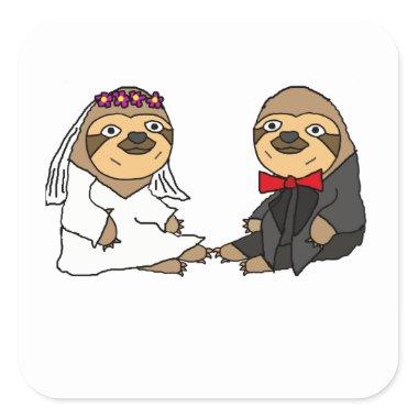 Funny Sloth Bride and Groom Wedding Square Sticker