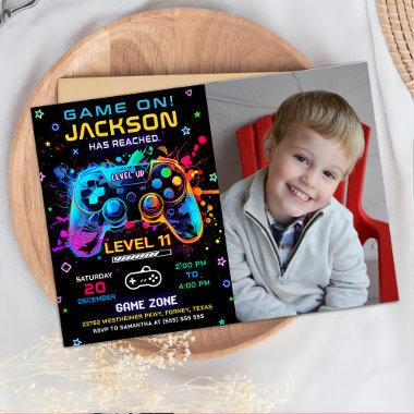 Game On Level Up Video Game Birthday Photo Invitations