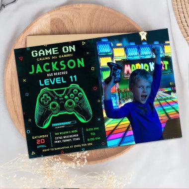 Game On Neon Video Game Birthday Party Photo Invitations