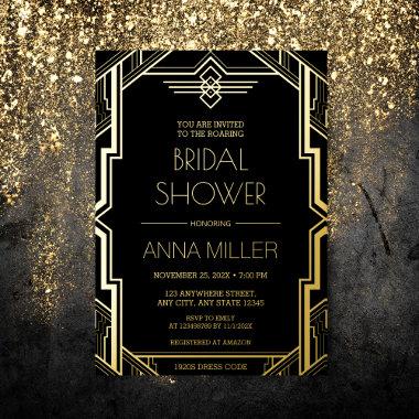 Gatsby Art Deco Gold and Black Bridal Shower Foil Invitations