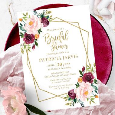 Geometric Burgundy Blush Floral Bridal Shower Invitations
