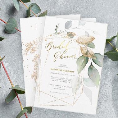 Geometric Gold Eucalyptus Greenery Bridal Shower Invitations