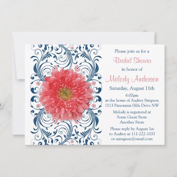 Gerbera Daisy Coral Navy Blue Floral Bridal Shower Invitations
