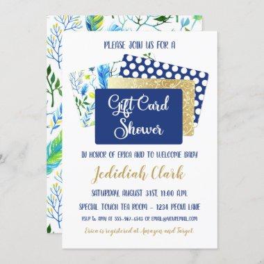 Gift Invitations Shower Blue and Gold Feathers