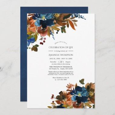 Ginger and Navy Floral Celebration of Life Photo Invitations