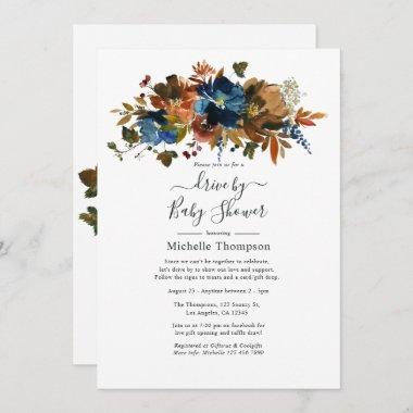 Ginger and Navy Floral Drive By Shower Invitations