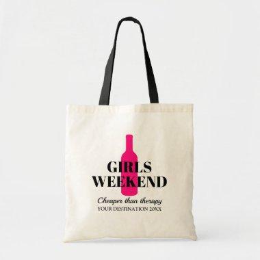 Girls weekend trip pink wine bottle silhouette tote bag