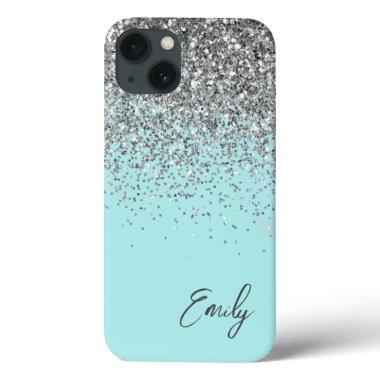 Girly Aqua Blue Silver Glitter Monogram iPhone 13 Case