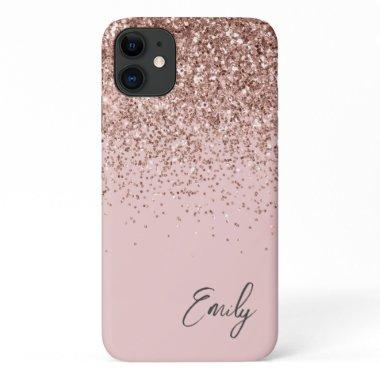 Girly Blush Pink Rose Gold Glitter Monogram iPhone 11 Case