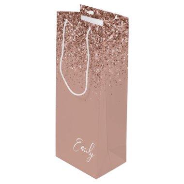 Girly Rose Gold Blush Pink Glitter Monogram Wine Gift Bag