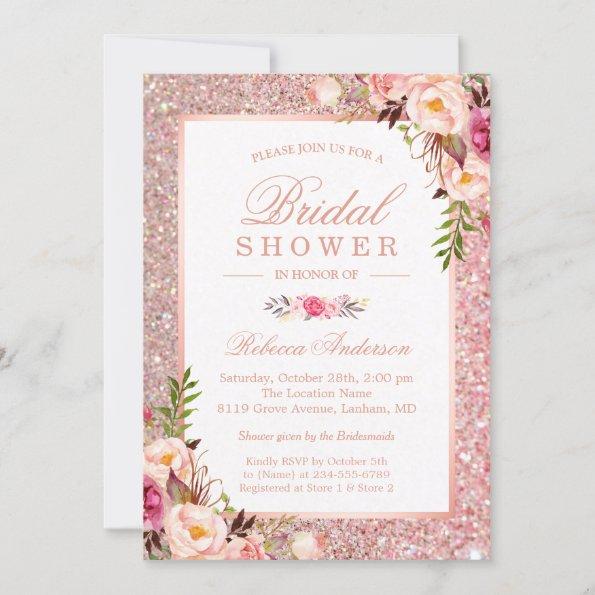 Girly Rose Gold Glitter Pink Floral Bridal Shower Invitations