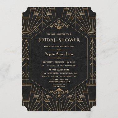 Glam Gold Black Great Gatsby 20s Bridal Shower Invitations