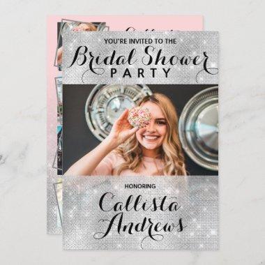 Glam Silver Glitter Sequins Photo Bridal Shower Invitations