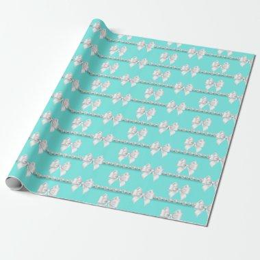 Glam Teal Aqua Blue Tiffany Theme White Bow Pearls Wrapping Paper