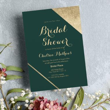 Glamorous forest green gold chic Bridal Shower Invitations