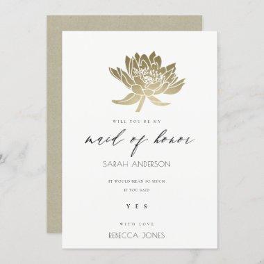 GLAMOROUS GOLD WHITE LOTUS FLORAL MAID OF HONOUR Invitations