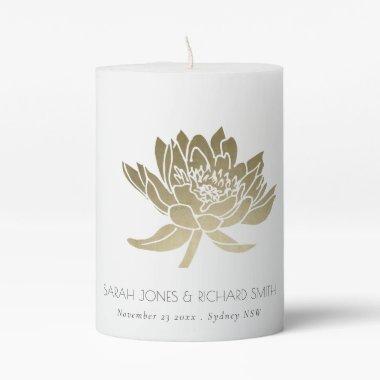 GLAMOROUS PALE GOLD WHITE LOTUS SAVE THE DATE GIFT PILLAR CANDLE