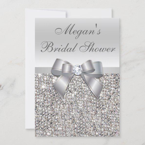 Glamorous Silver Sequins Bow Bridal Shower Invitations