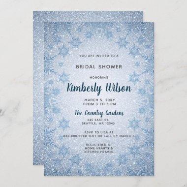 Glitter Blue Snowflakes winter Bridal Shower Invitations