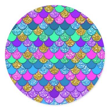 Glitter Colorful Mermaid Birthday Party Classic Round Sticker
