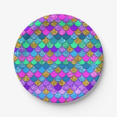 Glitter Colorful Mermaid Birthday Party Paper Plates