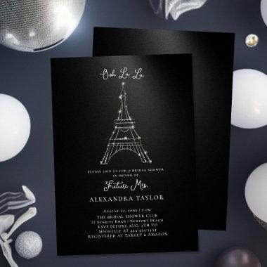 Glitter Eiffel Paris Minimal Black Bridal Shower Invitations