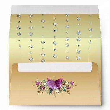 Glitter Watercolor Flowers Diamonds Gold Envelope