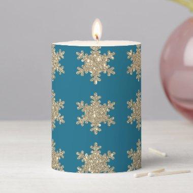 Glittery Gold Snowflake Patterns Rustic Ocean Blue Pillar Candle
