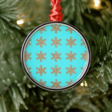 Glittery Gold Snowflakes Patterns Turquoise Blue Metal Ornament
