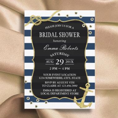 Gold Anchor Nautical Navy Stripes Bridal Shower Invitations