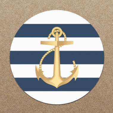 Gold Anchor Navy Stripes Nautical Wedding Classic Round Sticker