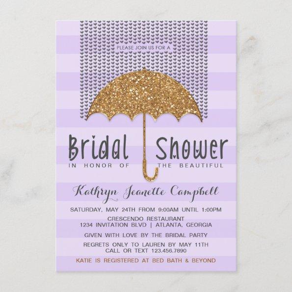 Gold and Lavender Umbrella & Hearts Bridal Shower Invitations