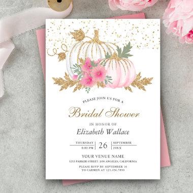 Gold and White Pumpkin Pink Floral Bridal Shower Invitations