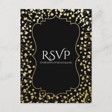 Gold Baby's Breath Floral Chic Black Wedding RSVP Invitation PostInvitations
