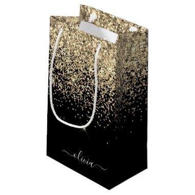 Gold Black Glitter Script Monogram Girly Name Small Gift Bag