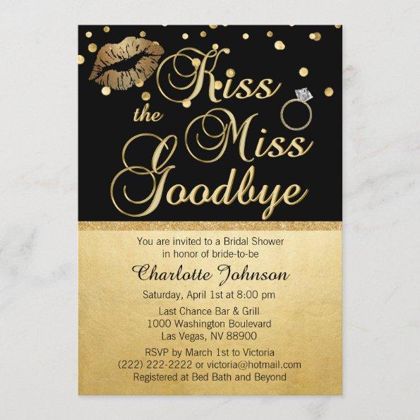 Gold Black Kiss the Miss Goodbye Bridal Shower Invitations