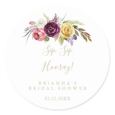 Gold Boho Floral Sip Sip Hooray Bridal Shower  Classic Round Sticker