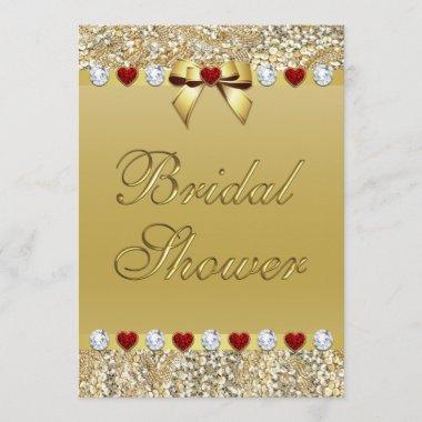 Gold Bridal Shower Faux Sequins Hearts Bow Invitations