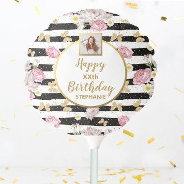 Gold Butterfly, Floral Print Happy Birthday Photo Balloon