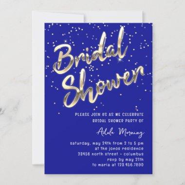 Gold Confetti Bridal Shower Script Royal Blue Invitations