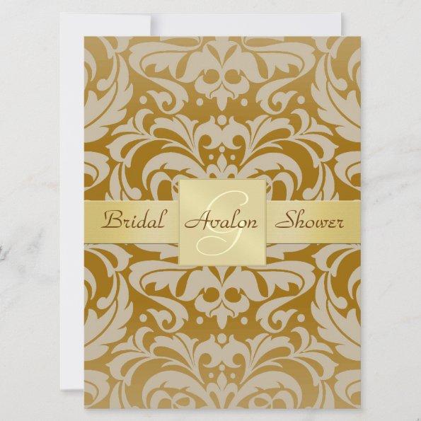 Gold Damask Bridal Shower Monogram Invitations
