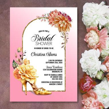 Gold Floral Stiletto Shoe Pink Arch Bridal Shower Invitations