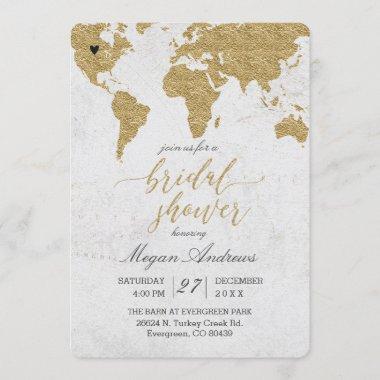 Gold Foil World Map Bridal Shower Invitations