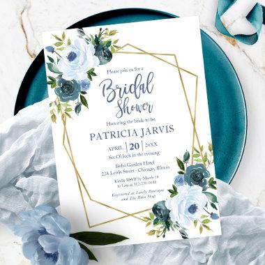 Gold Geometric Dusty Blue Floral Bridal Shower Invitations