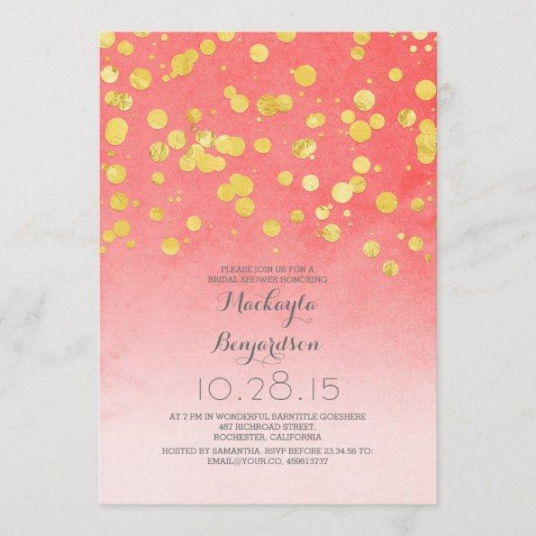 gold glitter confetti coral pink bridal shower Invitations