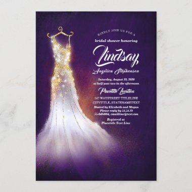 Gold Glitter Elegant Dress Purple Bridal shower Invitations