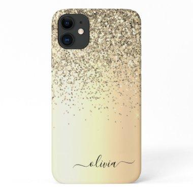 Gold Glitter Metal Monogram Glam Name iPhone 11 Case