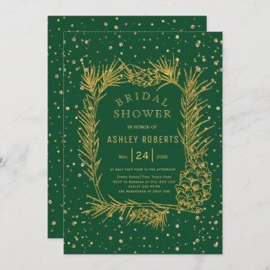 Gold glitter pine emerald green bridal shower Invitations
