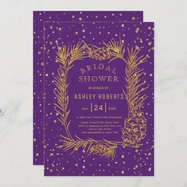 Gold glitter pine purple winter bridal shower Invitations