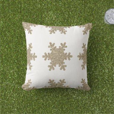 Gold Glitter Snowflake Pattern White Christmas Outdoor Pillow
